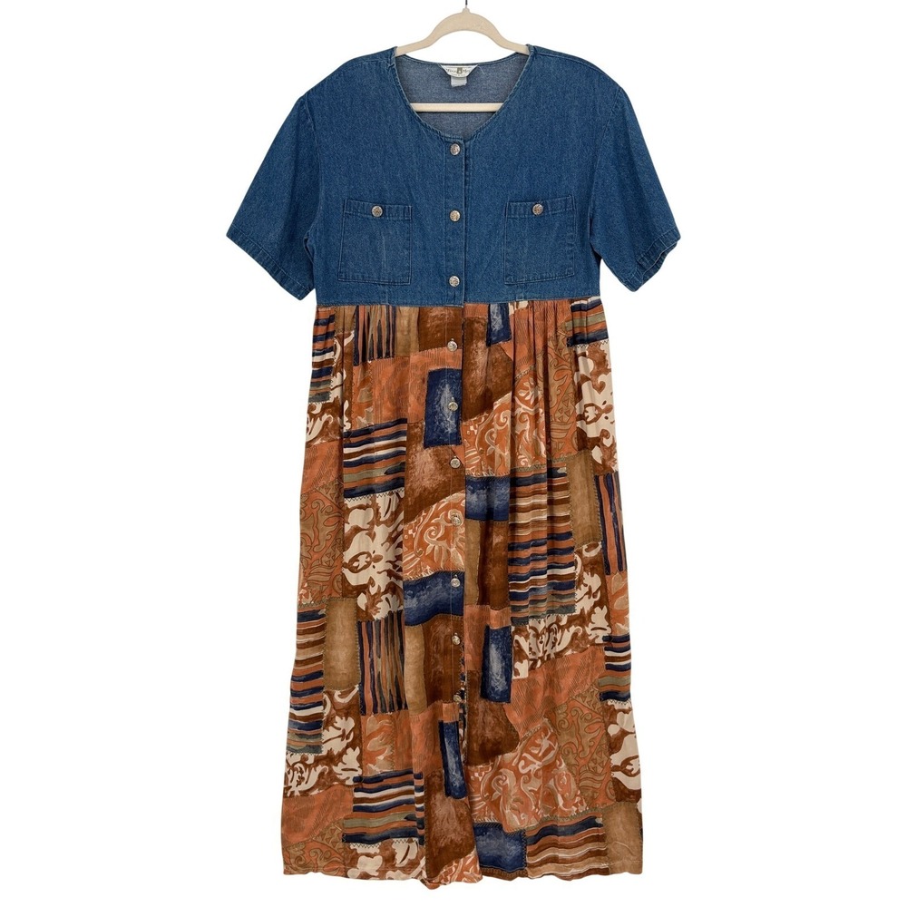 Vintage 90s Womens XL Shirt Dress Blue Denim Midi Patchwork